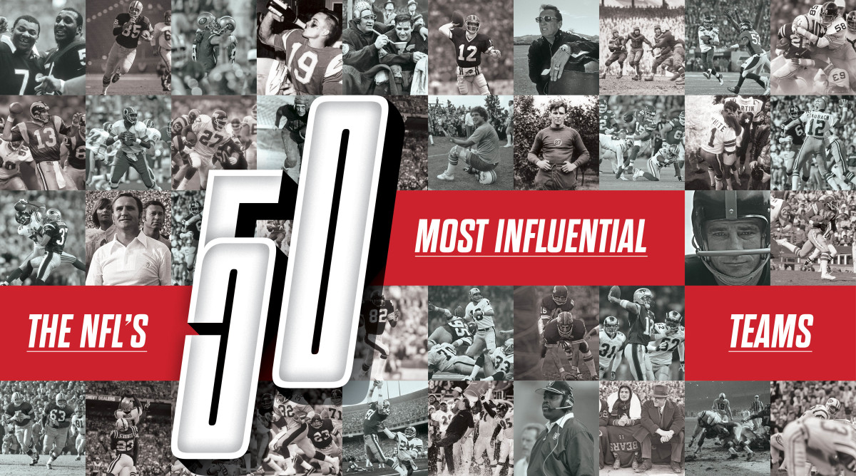 “The NFL’s 50 Most Influential Teams” text overlay with a collage of black and white football photos